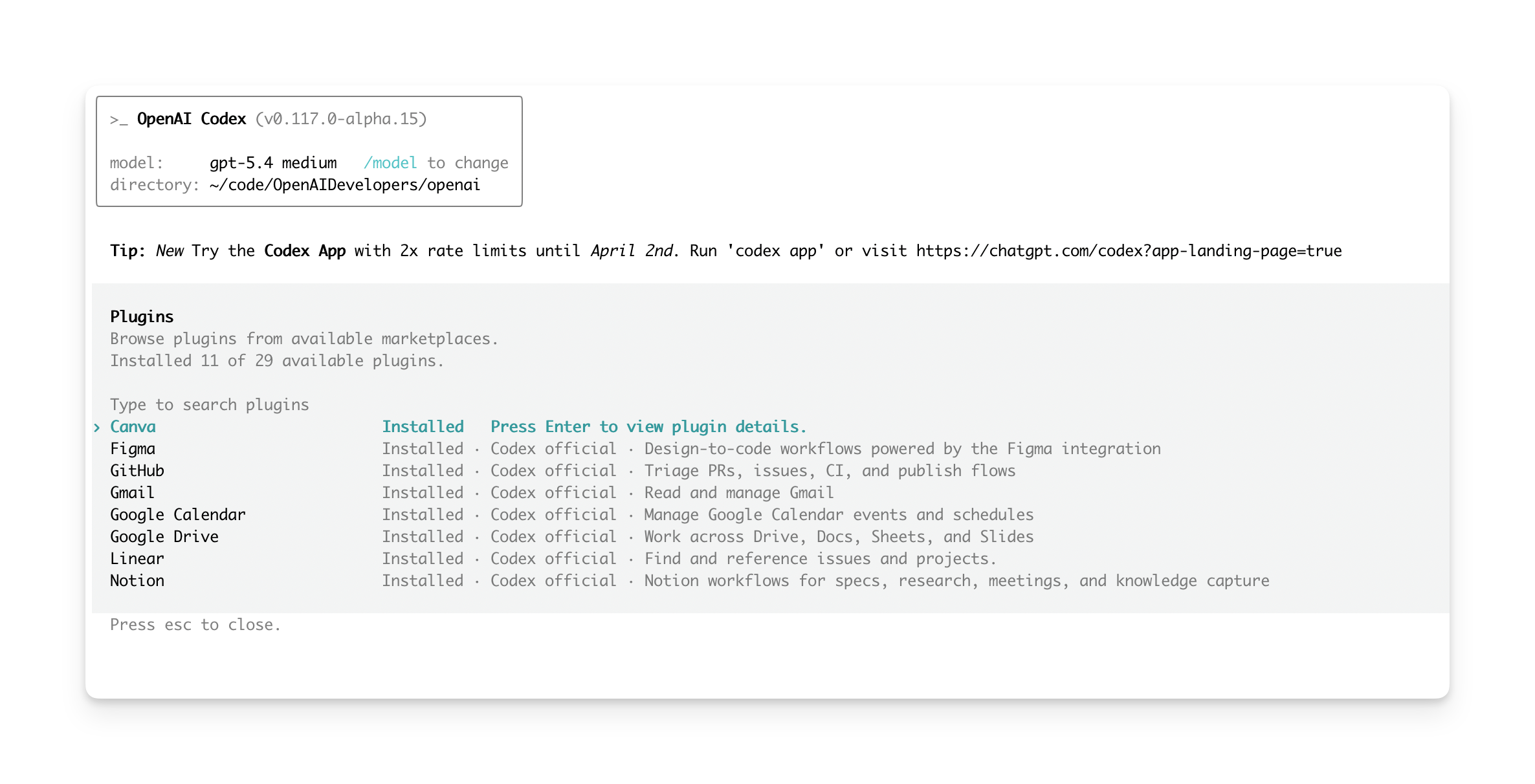 Plugins 列出 in Codex CLI