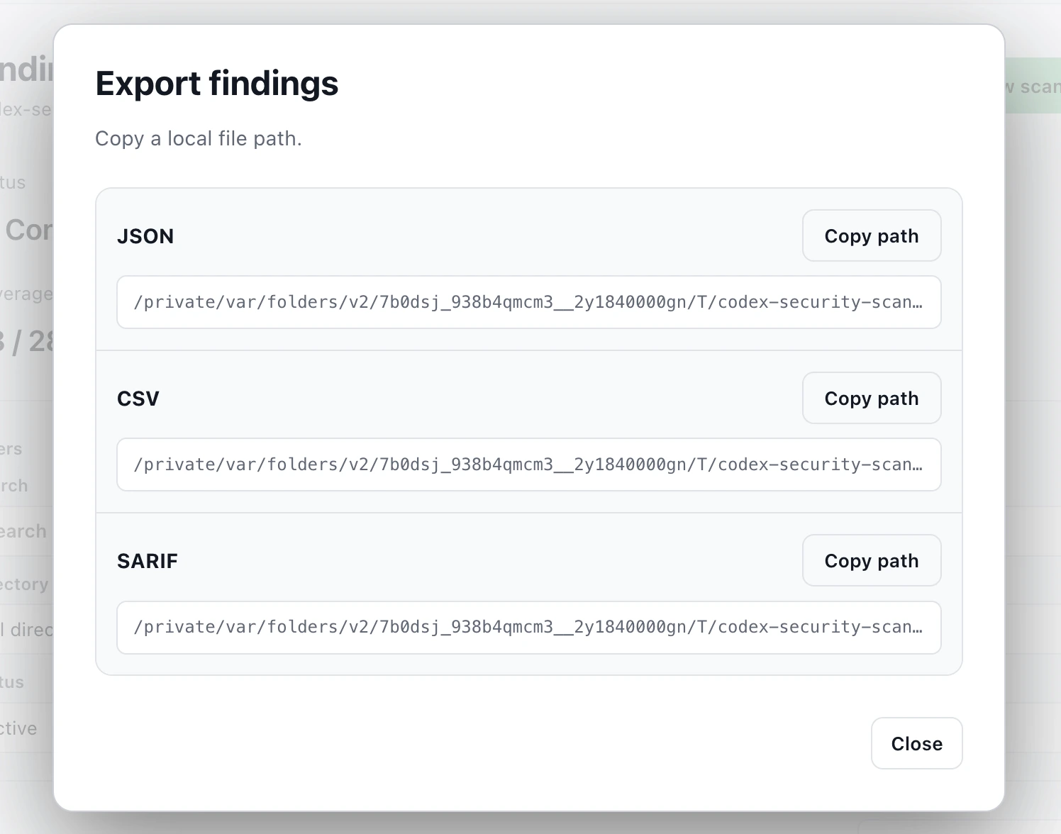 Export findings dialog 使用 JSON, CSV, 和 SARIF format options