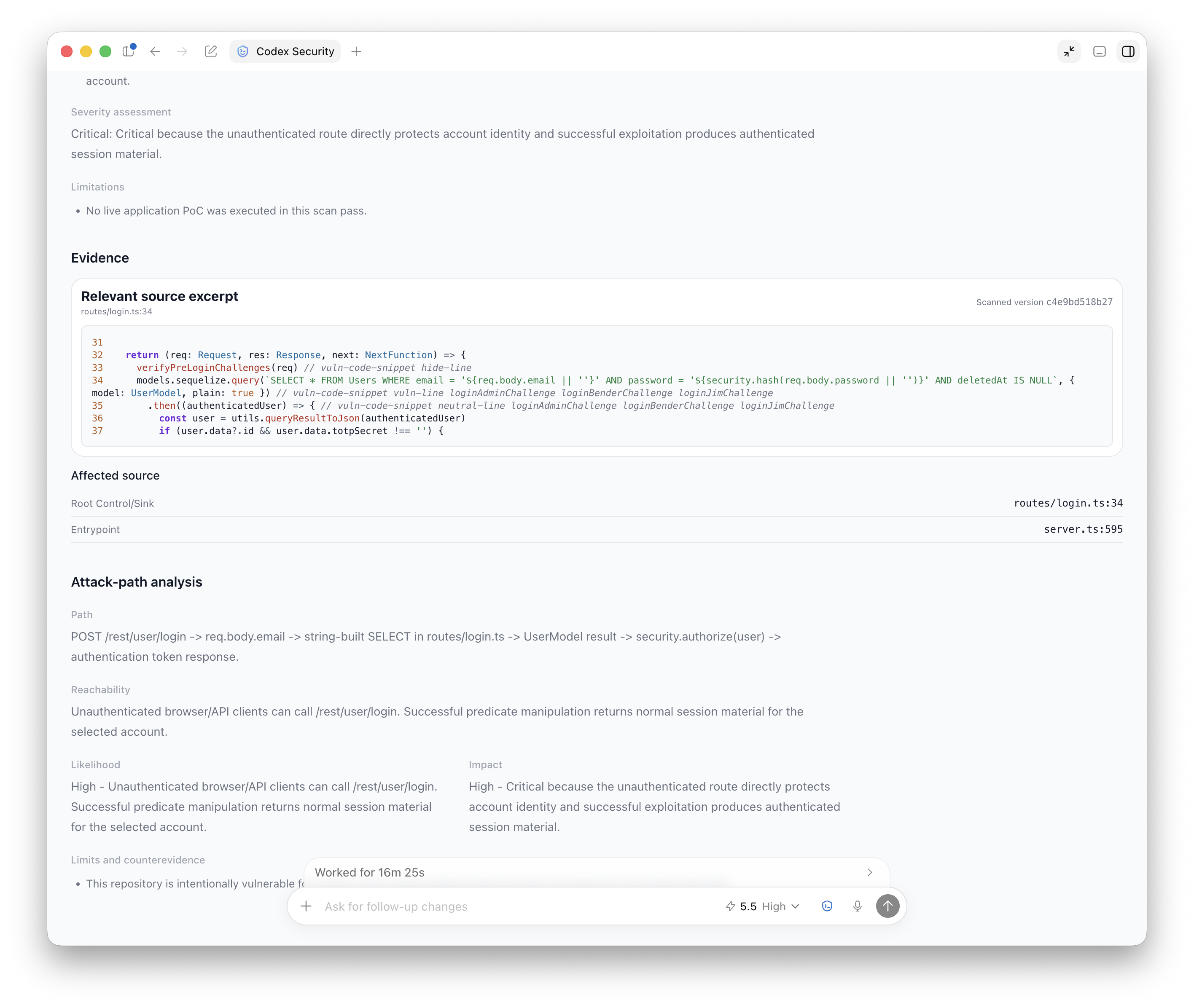 Codex Security finding evidence 和 attack-path analysis for OWASP Juice Shop