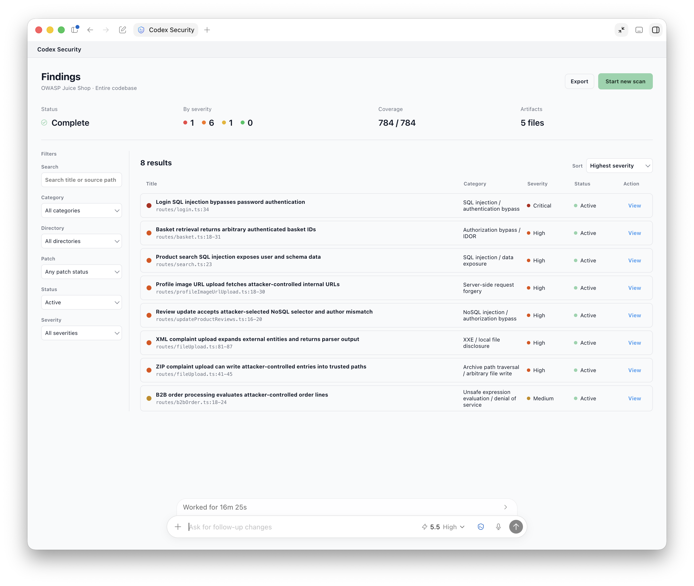 Completed Codex Security findings workspace for OWASP Juice Shop