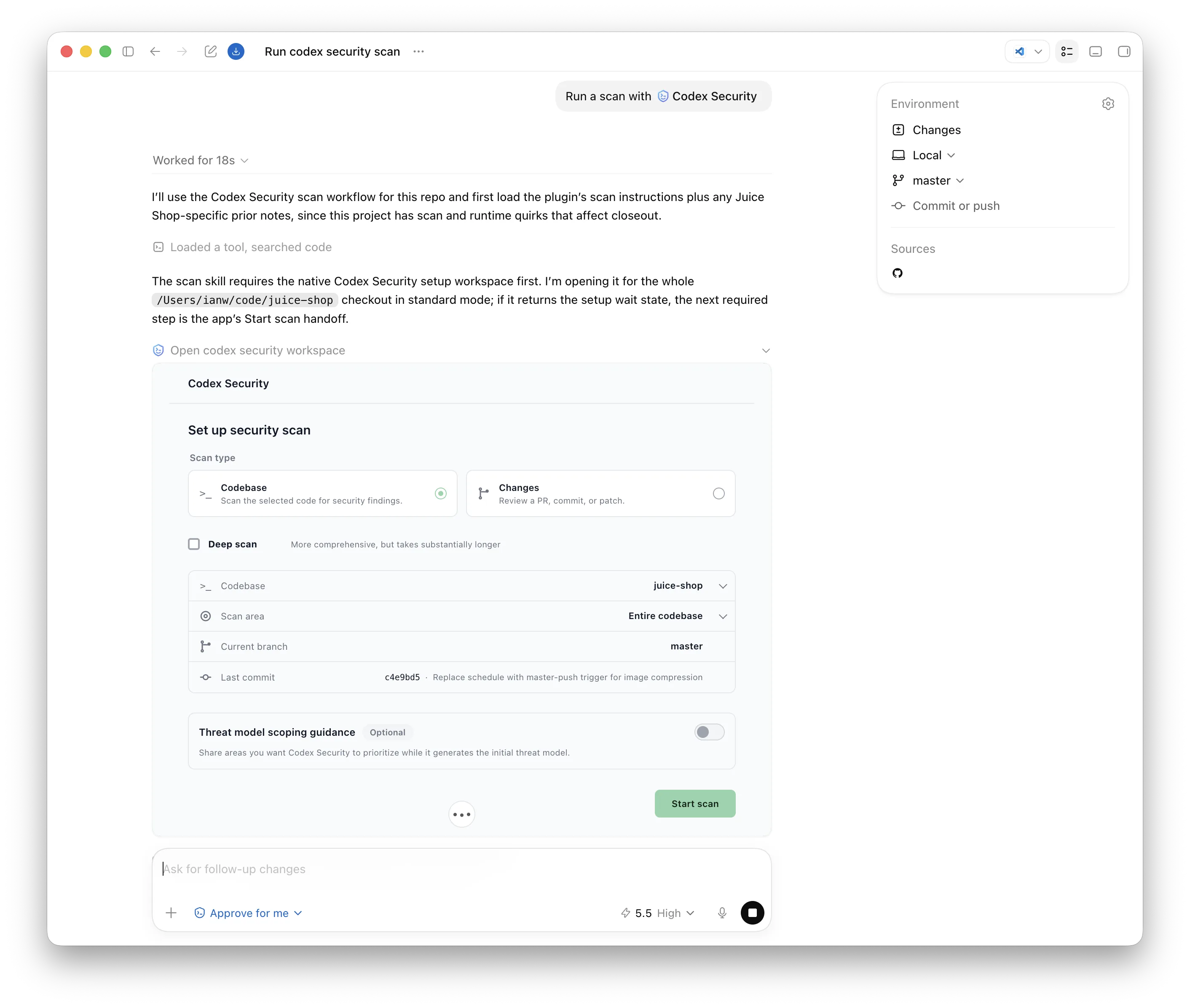 Codex Security setup workspace configured 到 scan an entire codebase